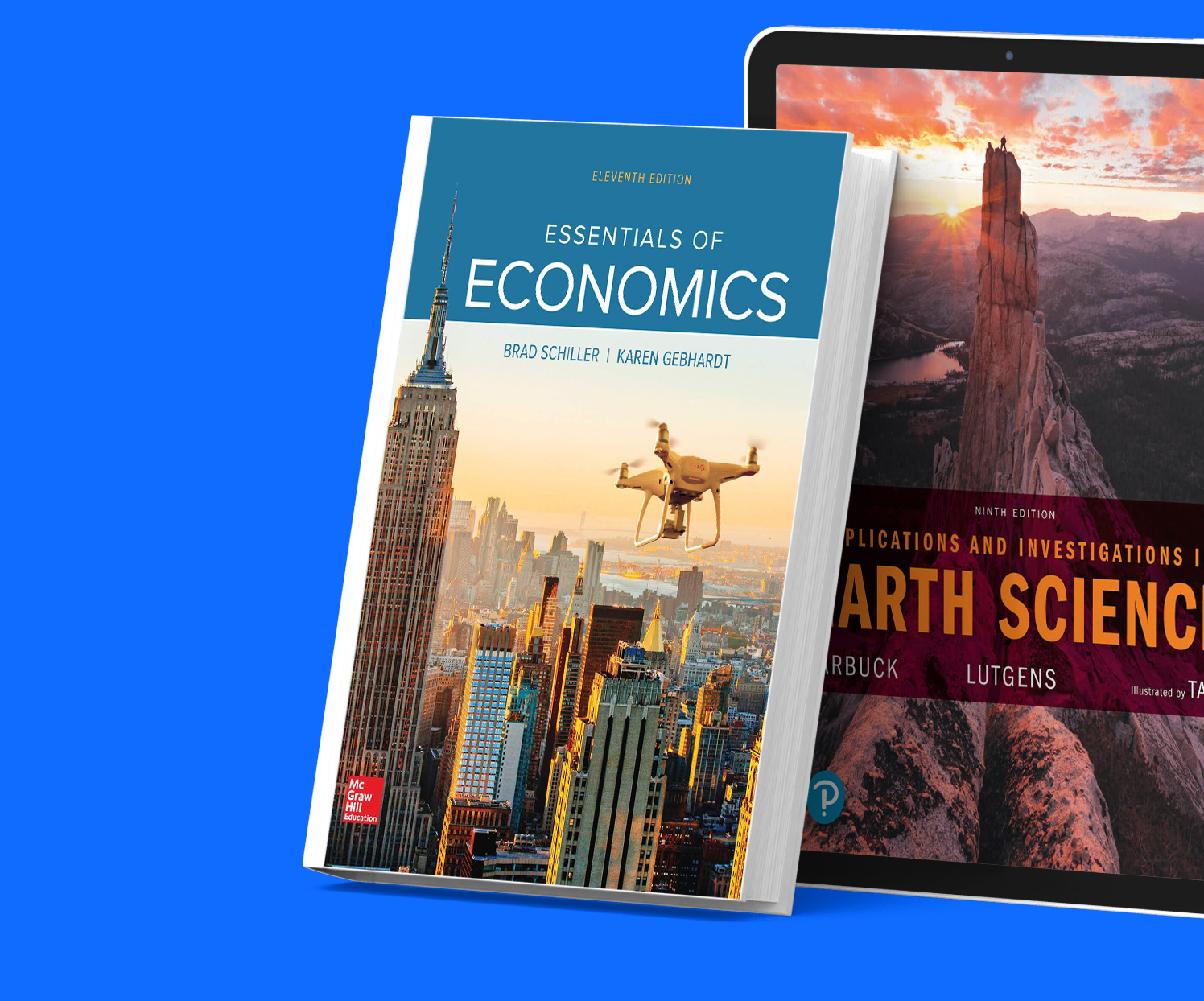 Two books are shown, one on economics titled as "Essentials of Economics" and another on Earth Science
